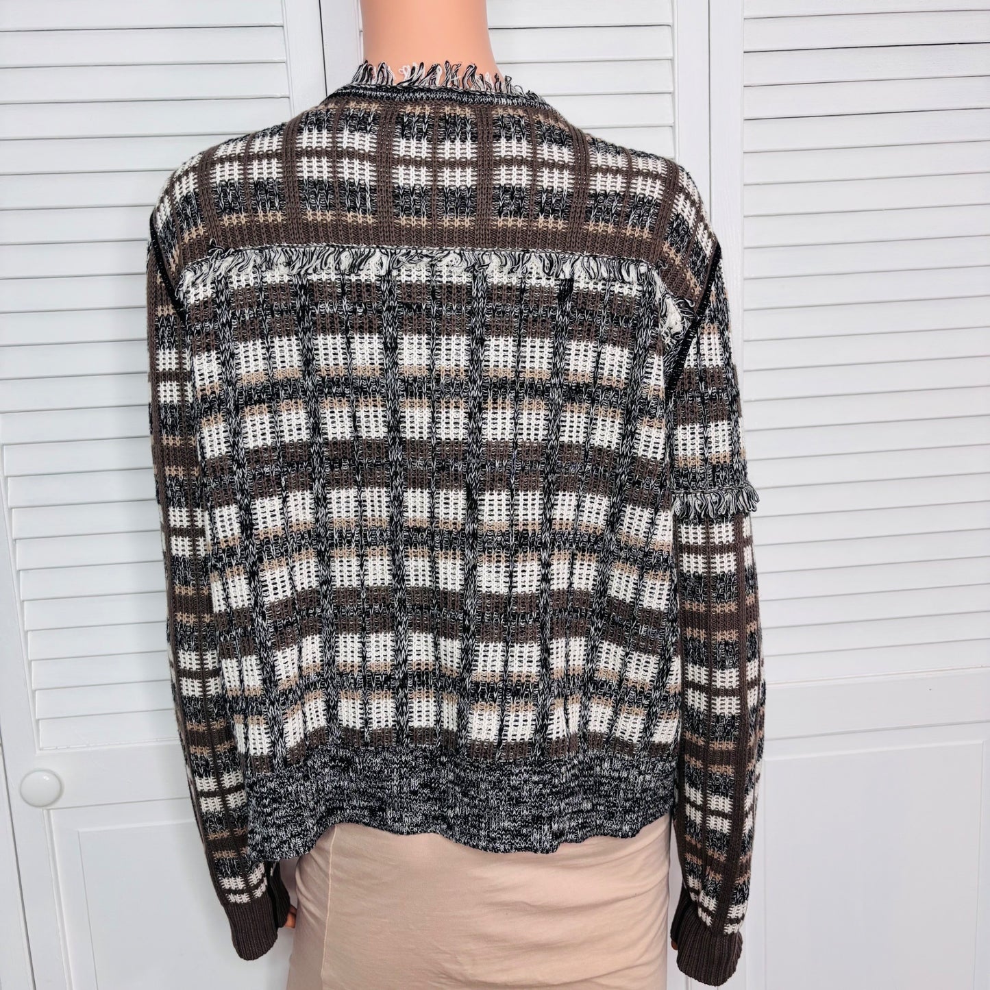 CABI Classic Neutral Plaid Cardigan Sweater Size XL