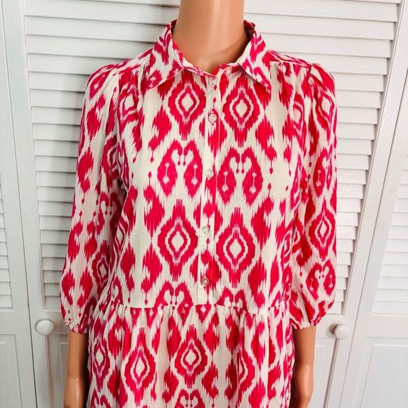 *NEW* ELLEN TRACY Fuschia Ikat Print Puff Sleeve Tiered Mini Dress Size XS