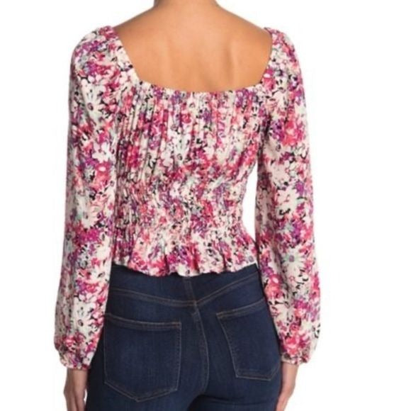 ASTR The Label Smocked Peplum Blouse Top Floral Pink Small