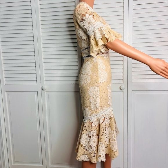 SAYLOR Maggy Cream Floral Lace Deep V-Neck Dress Size Small