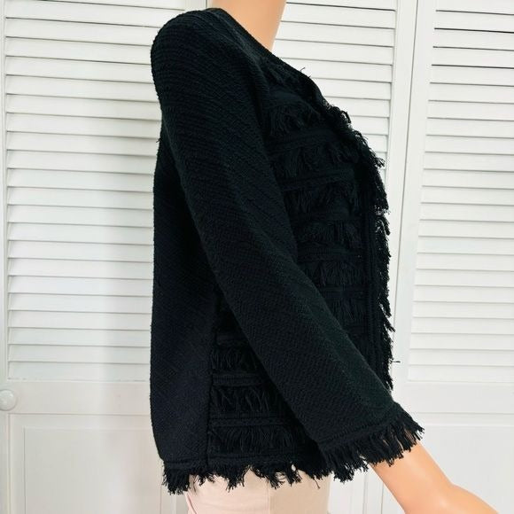 *NEW* T TAHARI Black Fringe Knit Sweater Cardigan