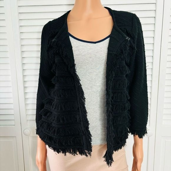 *NEW* T TAHARI Black Fringe Knit Sweater Cardigan