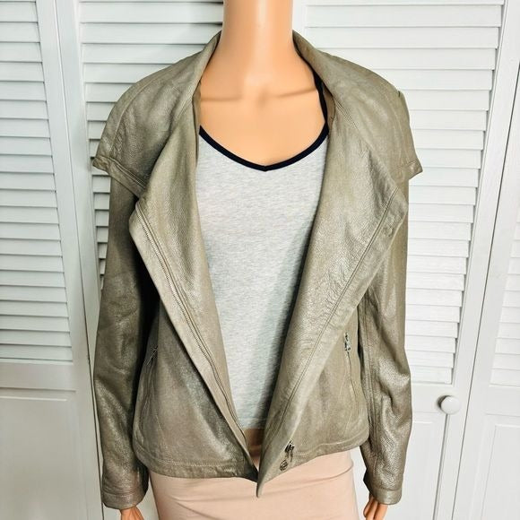 *NEW* ELIE TAHARI Natalie Jacket Cookie Silver Leather Jacket Size Medium