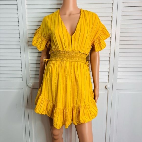 SAYLOR Adrianne Ruffle-Sleeve Yarn Dye Stripe Mini Dress Size S