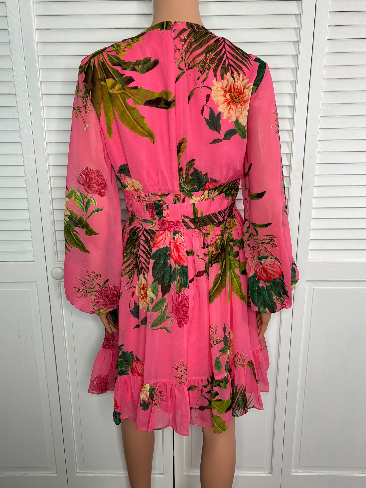 ALEX MARIE Pink Floral Chiffon Long Sleeve Ruffle Mini Dress Size 4