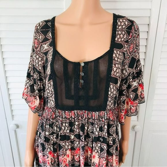 FREE PEOPLE Black Multi Bohemian Style Dress Size M