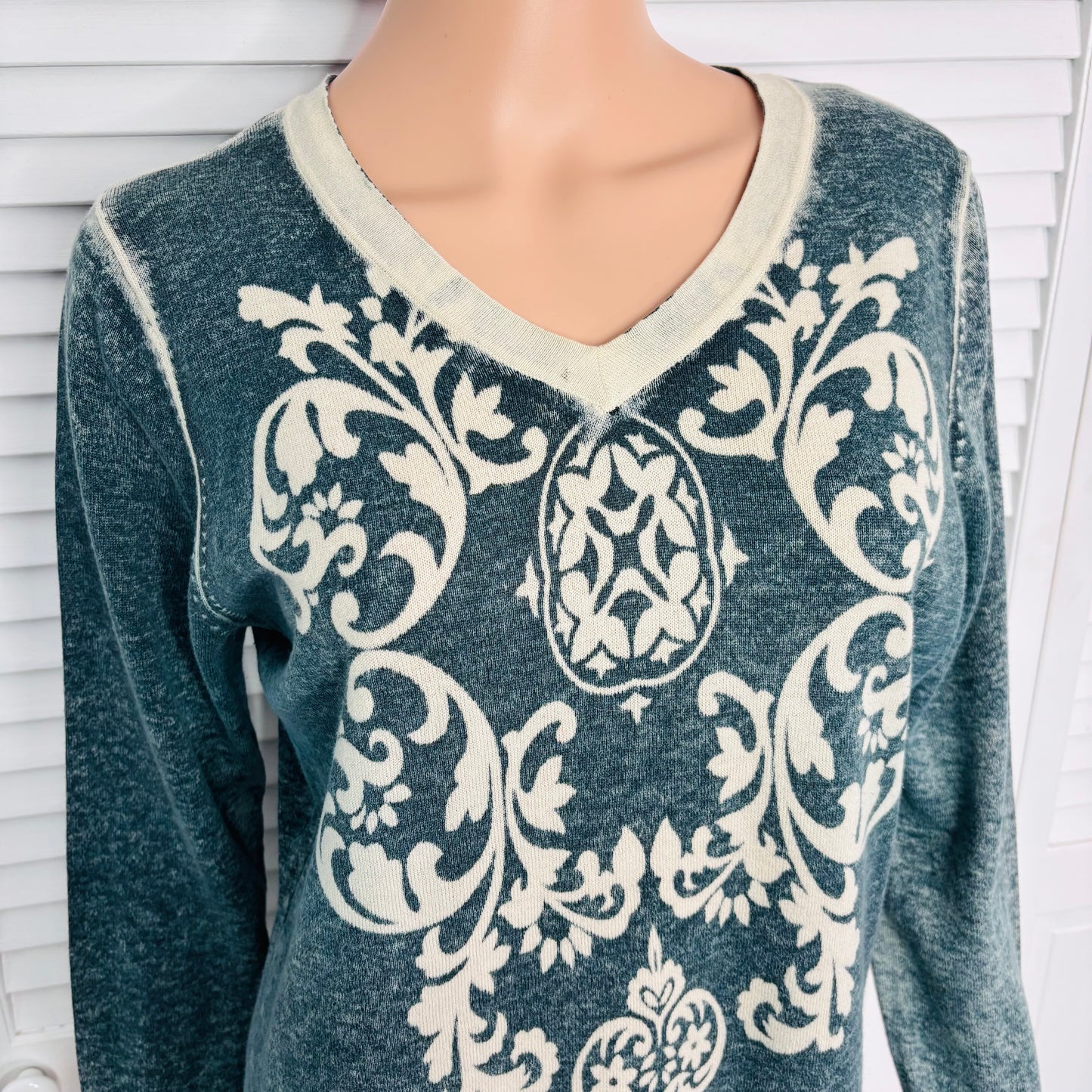 CABI Damask Burnout Acid Wash Sweater Size XL