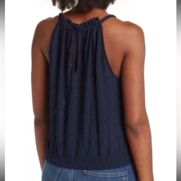 *NEW* RAMY BROOK Navy Blue Texture Noah Sleeveless Tank Top Shirt Size Large