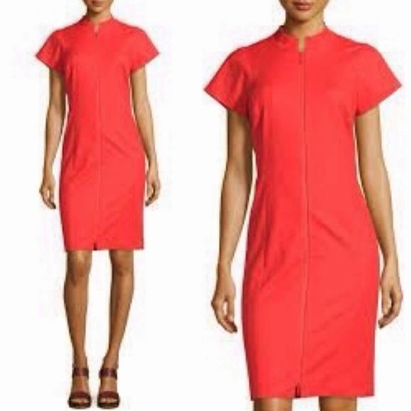 LAFAYETTE 148 Red Brenda Mandarin Collar Short Sleeve Sheath Dress Size 10