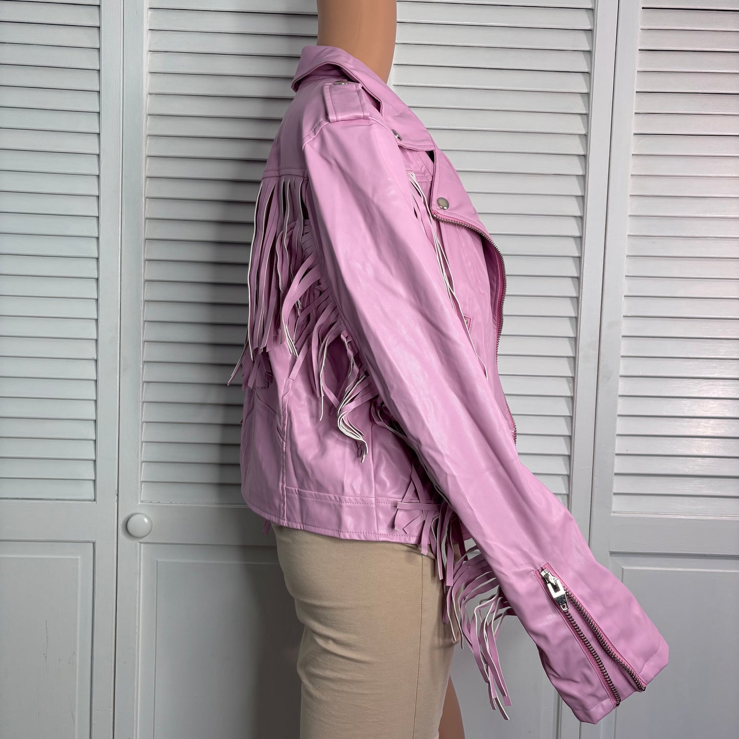 *New* BUDDY LOVE Francesca Fringe Vegan Leather Jacket in Pink Size Large