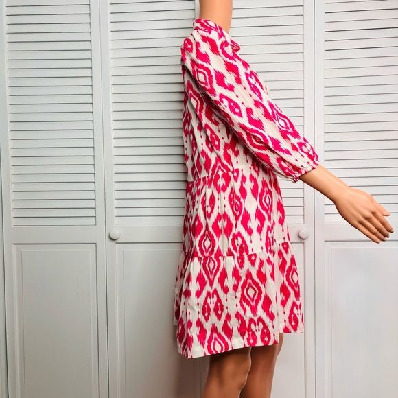 *NEW* ELLEN TRACY Fuschia Ikat Print Puff Sleeve Tiered Mini Dress Size XS