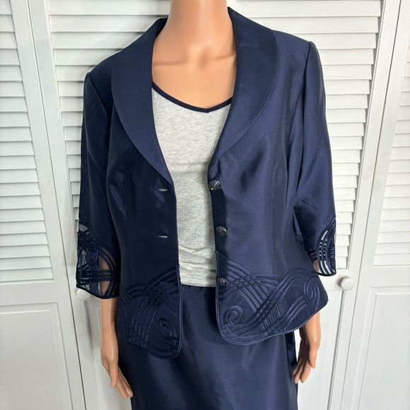 ADRIANNA PAPELL Evening Essentials Silk Navy Blue Skirt Suit Size 10