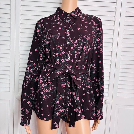 PEARL By Lela Rose Burgundy Floral Belted Button Down Shirt Size Large
