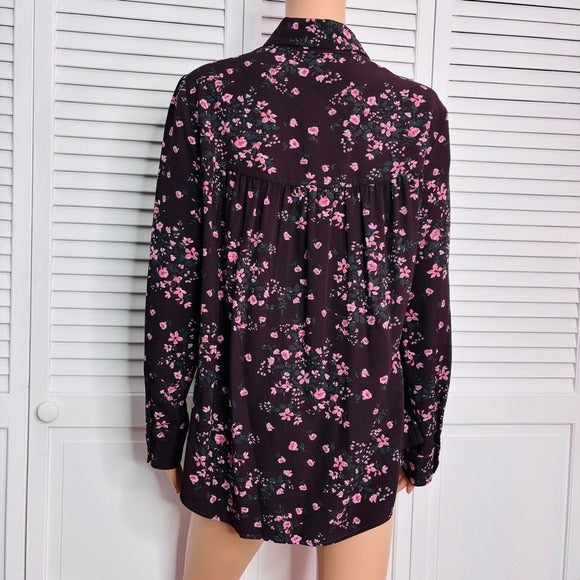 PEARL By Lela Rose Burgundy Floral Belted Button Down Shirt Size Large