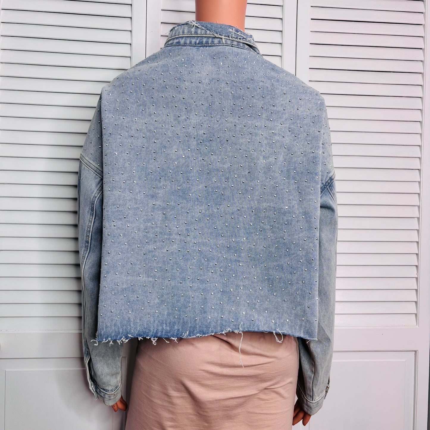 BLUE B Oversized Rhinestone Washed Denim Jacket Size Large