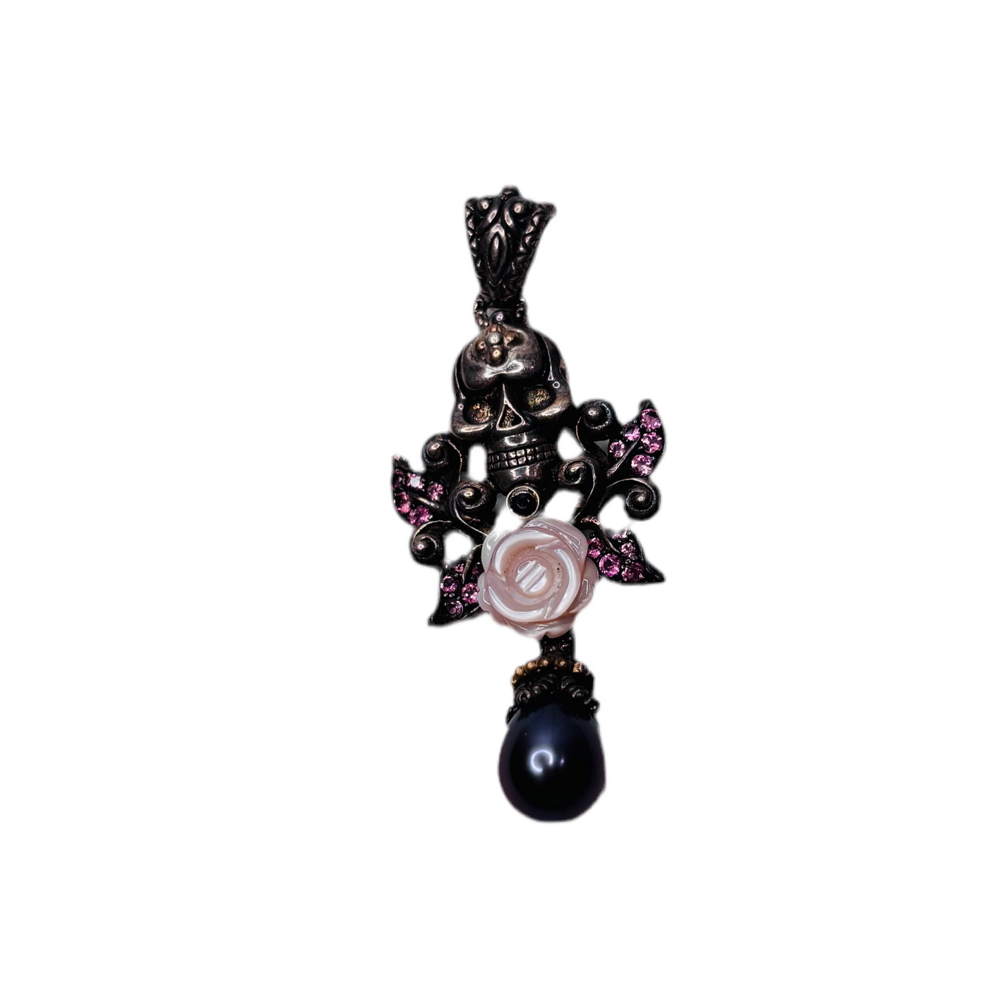 BARBARA BIXBY Skull Rose Pearl Tourmaline Sterling Silver Pendant