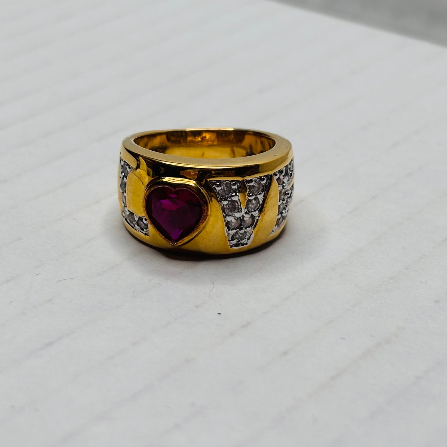 14K Yellow Gold “LOVE” with Ruby Heart and Diamond Set Gold Vintage Ring Size 7