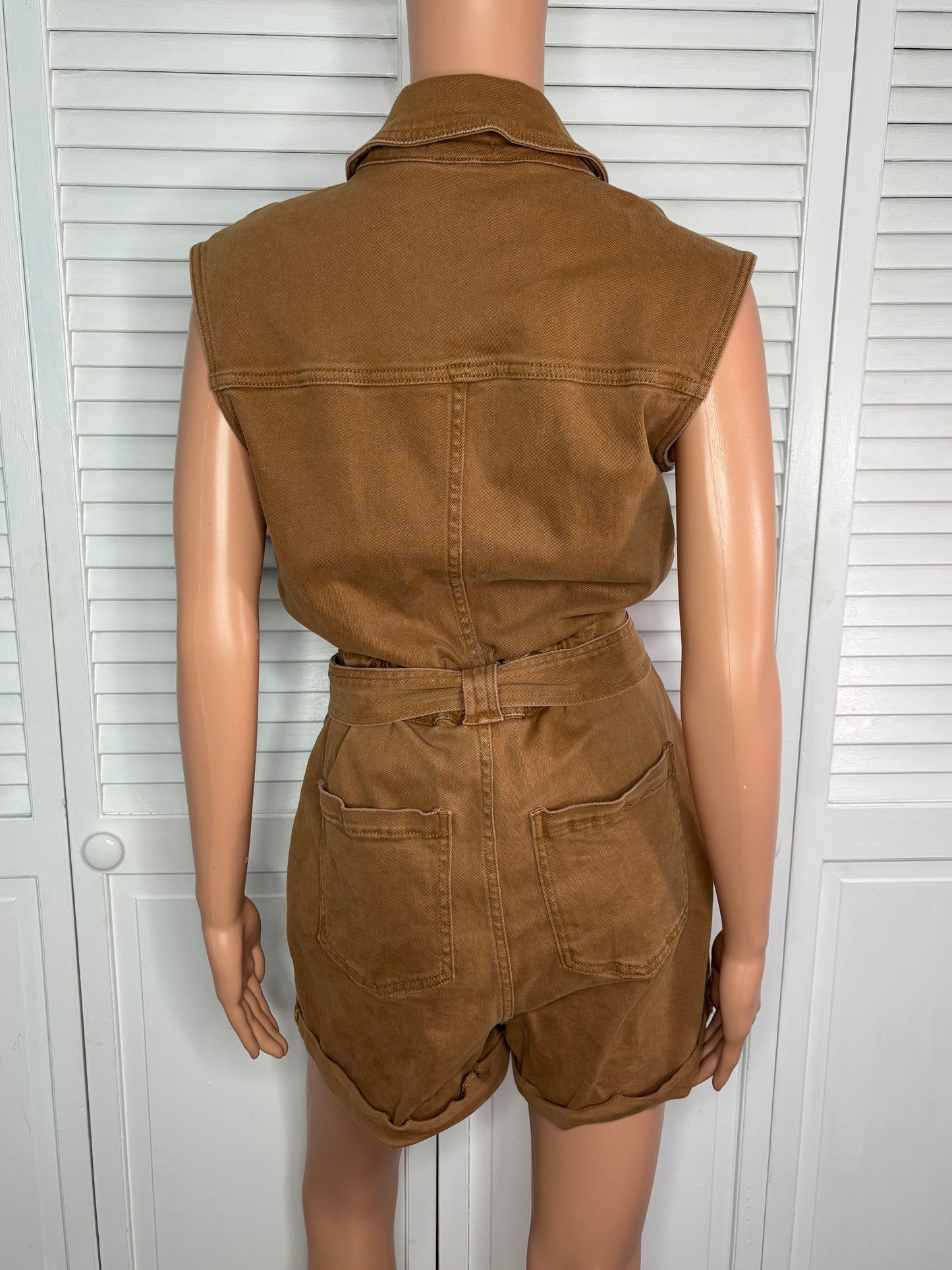 AVEC LES FILLES Brown Sleeveless Twill Utility Romper Size 29