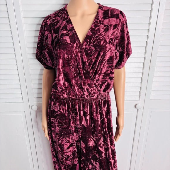 THE VANITY ROOM Burgundy Crushed Velvet V-Neck Jumpsuit Size XL