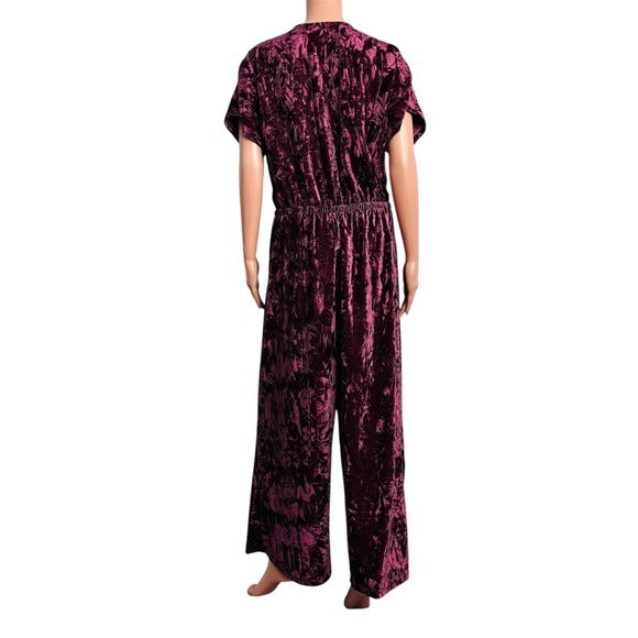 THE VANITY ROOM Burgundy Crushed Velvet V-Neck Jumpsuit Size XL