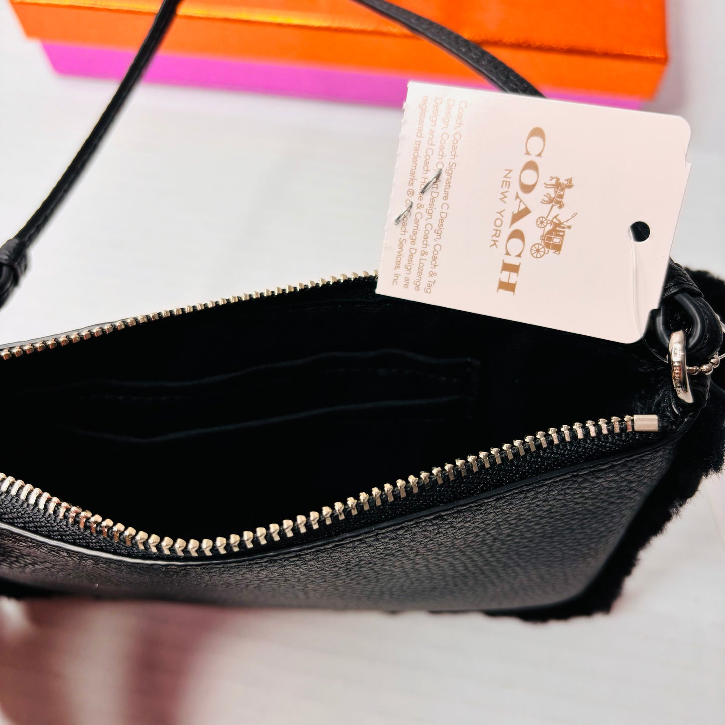 *NEW* COACH Black Shearling Trim Pebbled Leather Wristlet