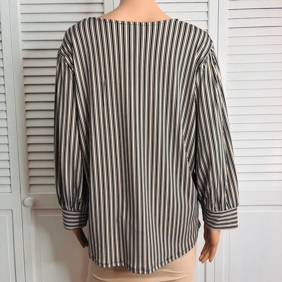 *NEW* ADRIANNA PAPELL Pink Black Striped Three-Quarter Cuff Blouse Size XL