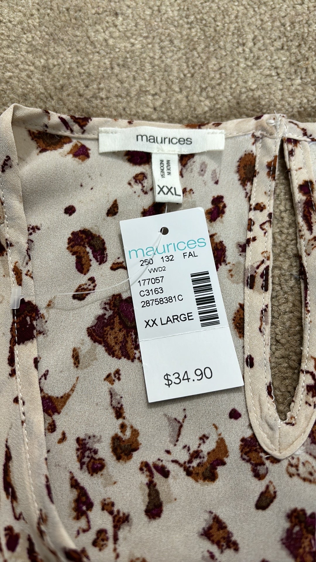 MAURICES Cream Cut Out Peasant 3/4 Sleeve Blouse Size XXL