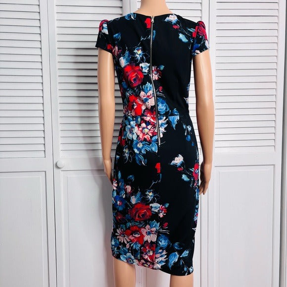 BETSY JOHNSON Black Floral Print Sheath Cap Sleeve Dress Black Size 4