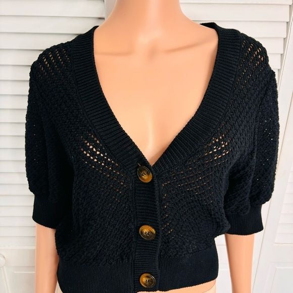 DH NEW YORK Black Cotton Cropped Short Sleeve Cardigan Size Medium