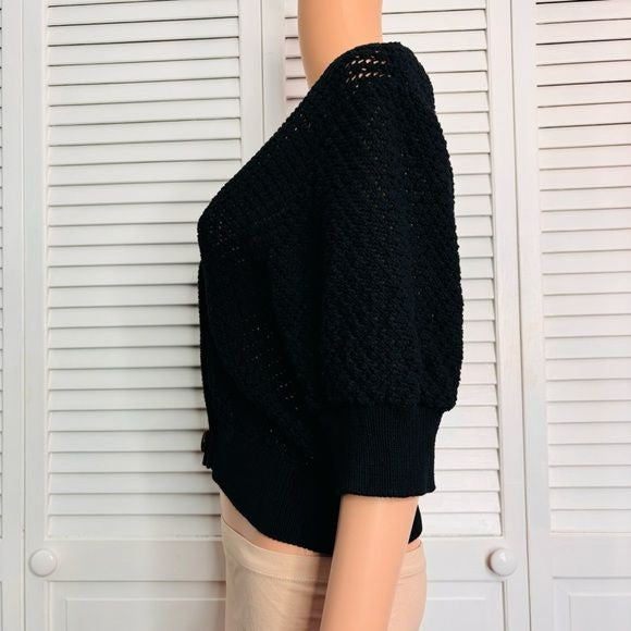 DH NEW YORK Black Cotton Cropped Short Sleeve Cardigan Size Medium