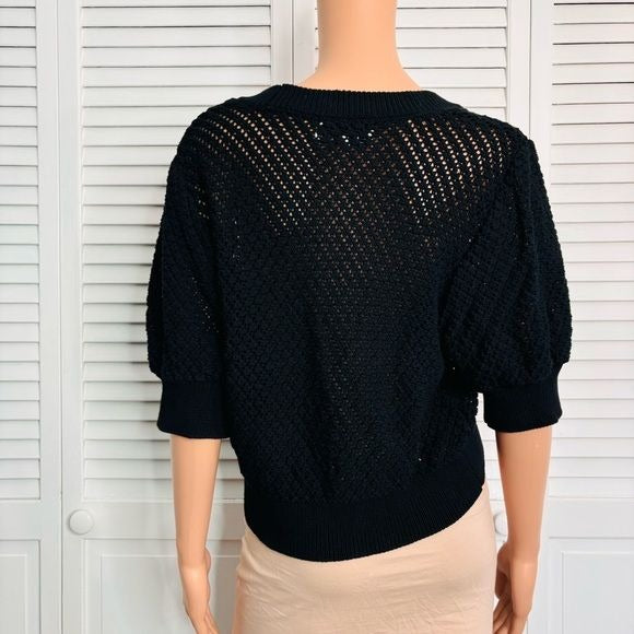 DH NEW YORK Black Cotton Cropped Short Sleeve Cardigan Size Medium