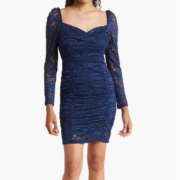 *New* SAM EDELMAN Navy Ruched Long Sleeve Lace Minidress Size 4