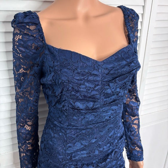 *New* SAM EDELMAN Navy Ruched Long Sleeve Lace Minidress Size 4