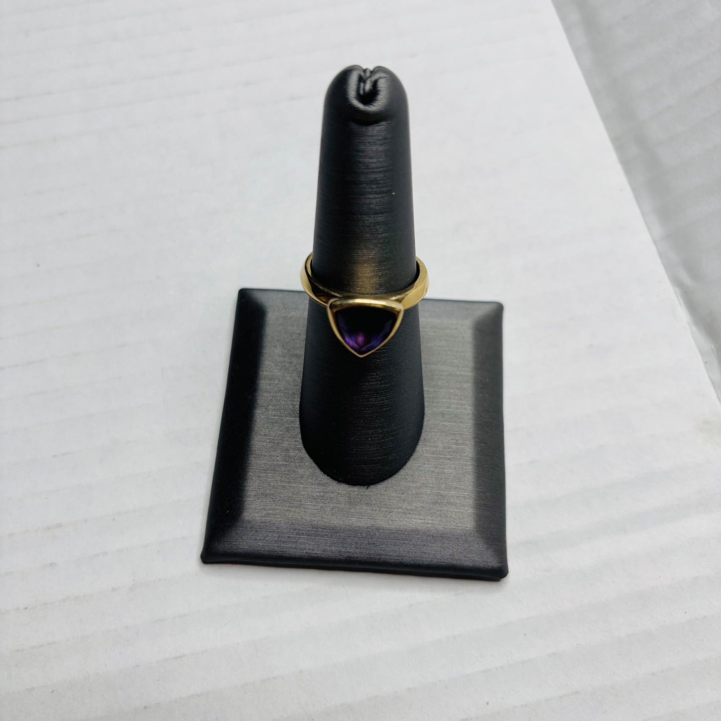 Signed 14K FP Trillion-Cut Amethyst Triangle Ring Size 7