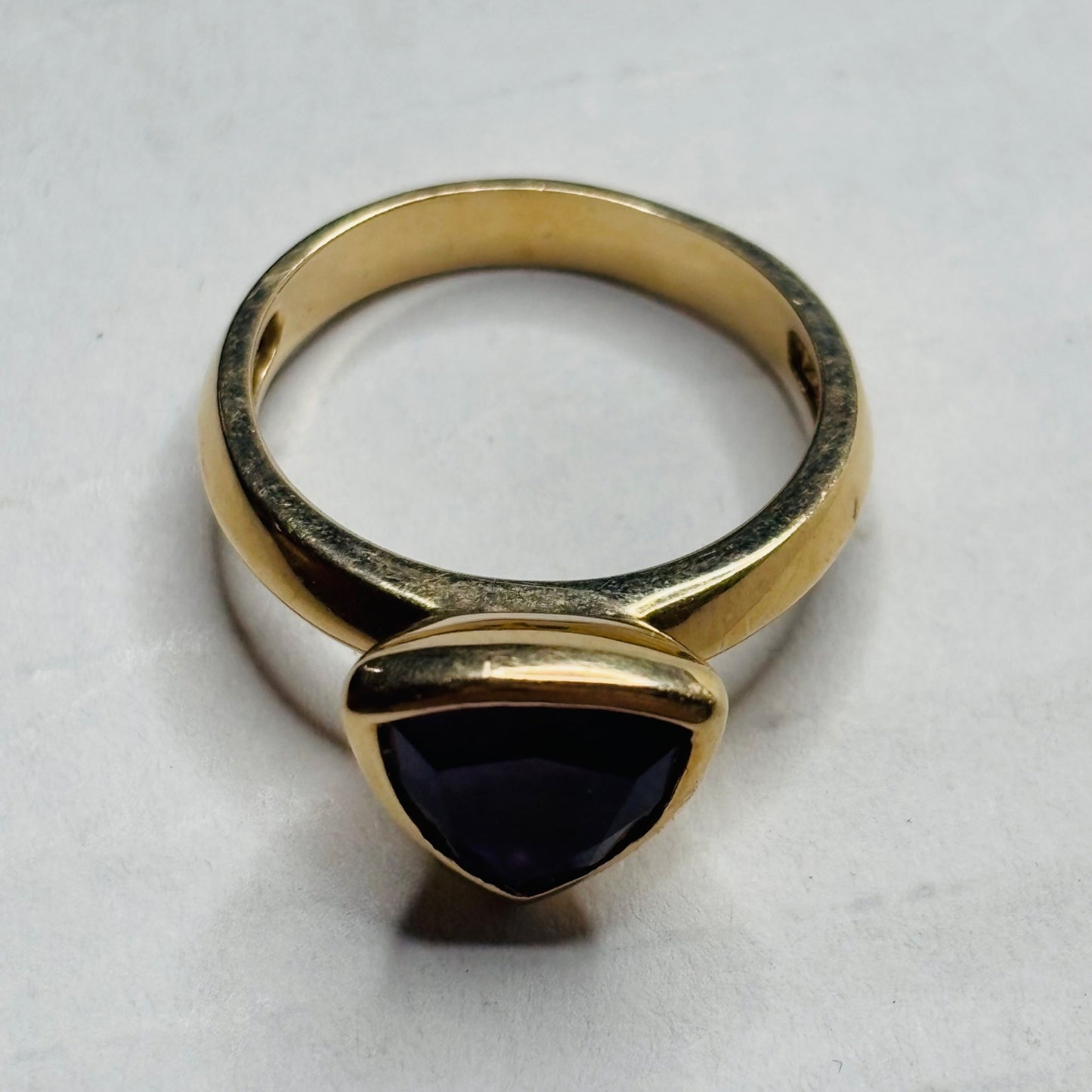 Signed 14K FP Trillion-Cut Amethyst Triangle Ring Size 7