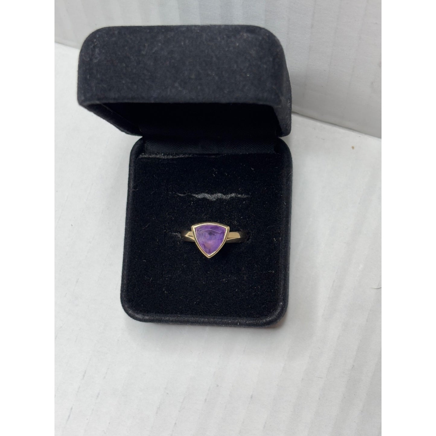 Signed 14K FP Trillion-Cut Amethyst Triangle Ring Size 7