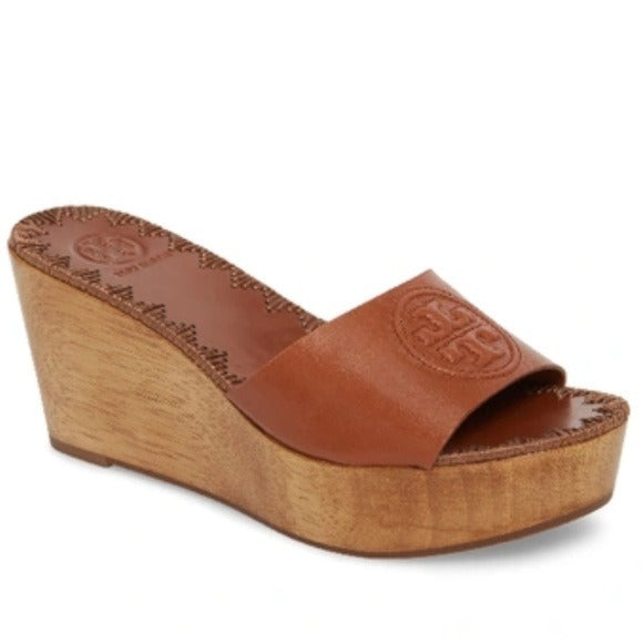*New* TORY BURCH Patty Leather Platform Wedge Slide Sandals Size 8