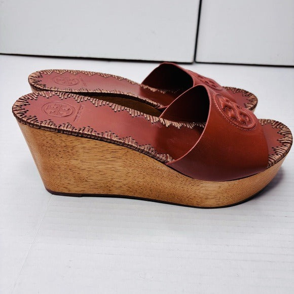 *New* TORY BURCH Patty Leather Platform Wedge Slide Sandals Size 8