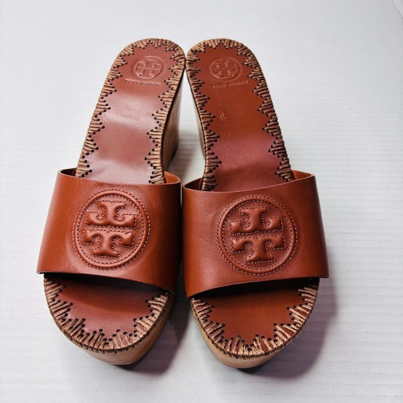 *New* TORY BURCH Patty Leather Platform Wedge Slide Sandals Size 8