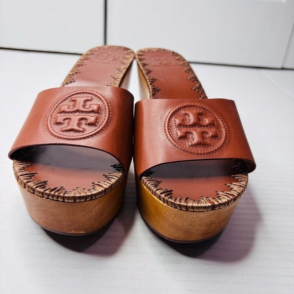 *New* TORY BURCH Patty Leather Platform Wedge Slide Sandals Size 8