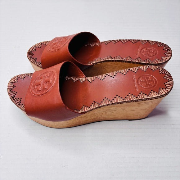 *New* TORY BURCH Patty Leather Platform Wedge Slide Sandals Size 8