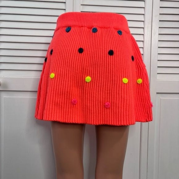 *New* QUEEN OF SPARKLES Vibrant Orange Polka Dot Acrylic Knit Skater Skirt Size Small