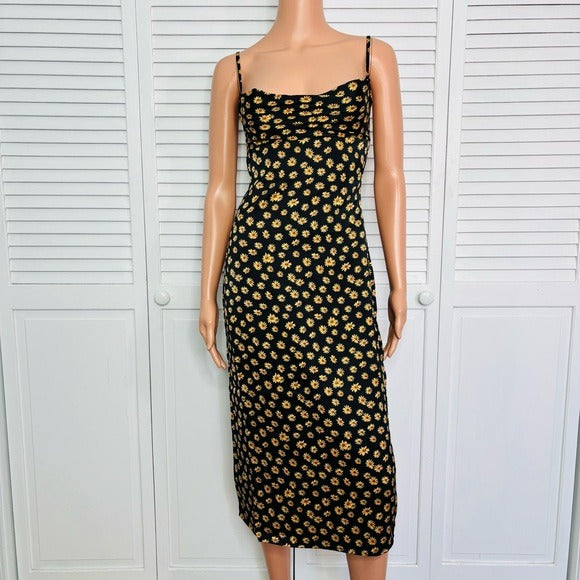 NEW WEWOREWHAT Cowl Satin Ditsy Daisies Midi Dress in Black Multi Size 0