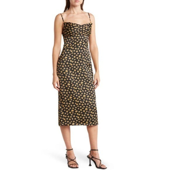NEW WEWOREWHAT Cowl Satin Ditsy Daisies Midi Dress in Black Multi Size 0