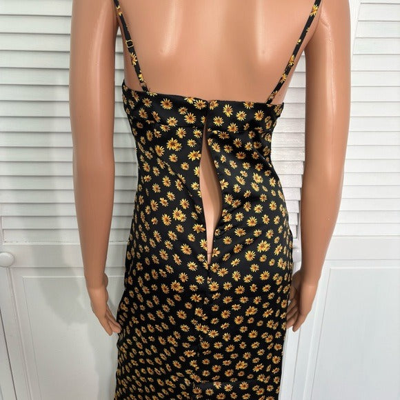 NEW WEWOREWHAT Cowl Satin Ditsy Daisies Midi Dress in Black Multi Size 0