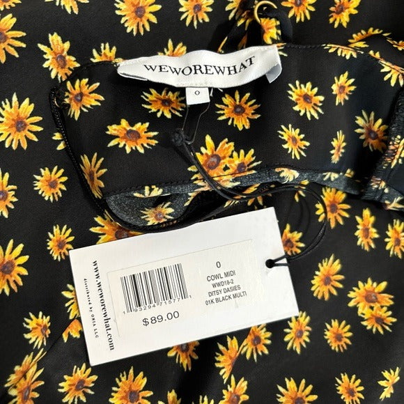 NEW WEWOREWHAT Cowl Satin Ditsy Daisies Midi Dress in Black Multi Size 0