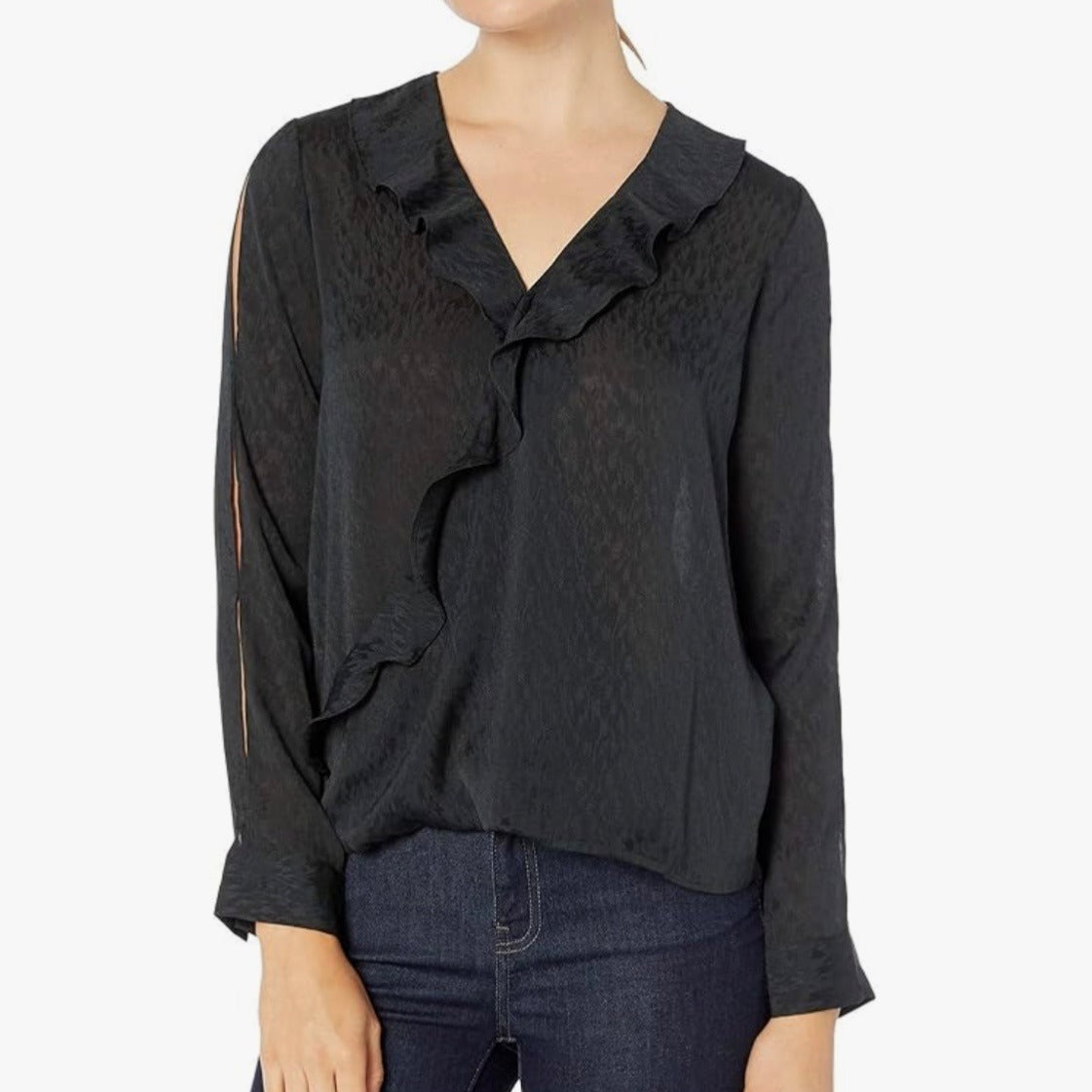 NEW NYDJ Flounce Crossover Floral Blouse in Black Size Large