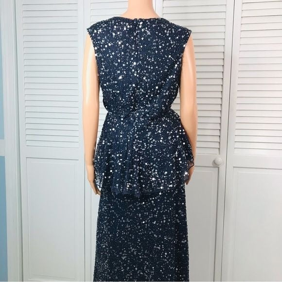 CAMILLE LA VIE Navy Blue Beaded & Sequin Skirt Set Size 8