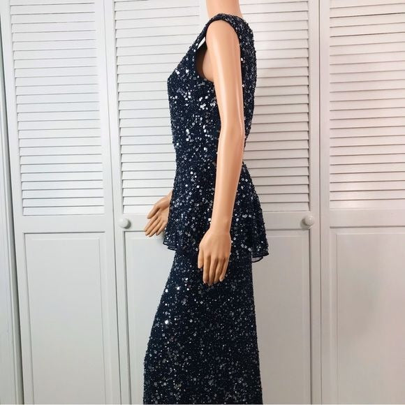 CAMILLE LA VIE Navy Blue Beaded & Sequin Skirt Set Size 8