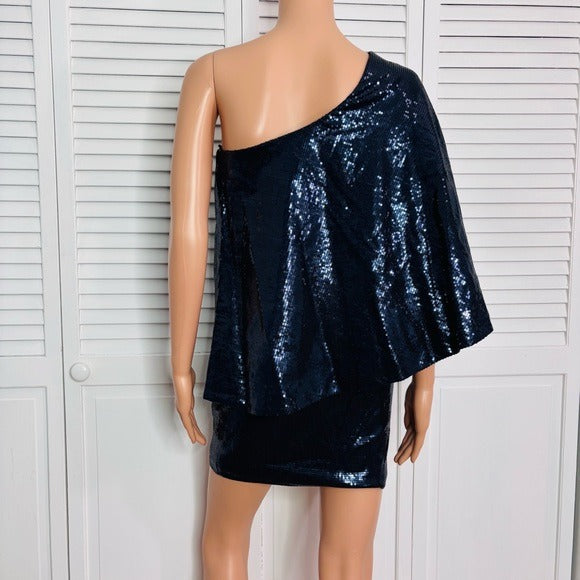JAY GODFREY Navy Blue Sequin One Shoulder Mini Dress Size 2